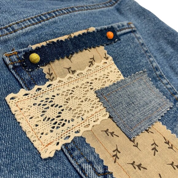 SONG Cut Off Jean Shorts Boho Denim Button Fly Distressed Plaid Patchwork 7 - Picture 10 of 12